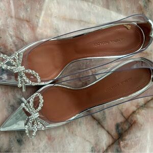 Amina Muaddi Silver Heels with Sparkling Embellishments